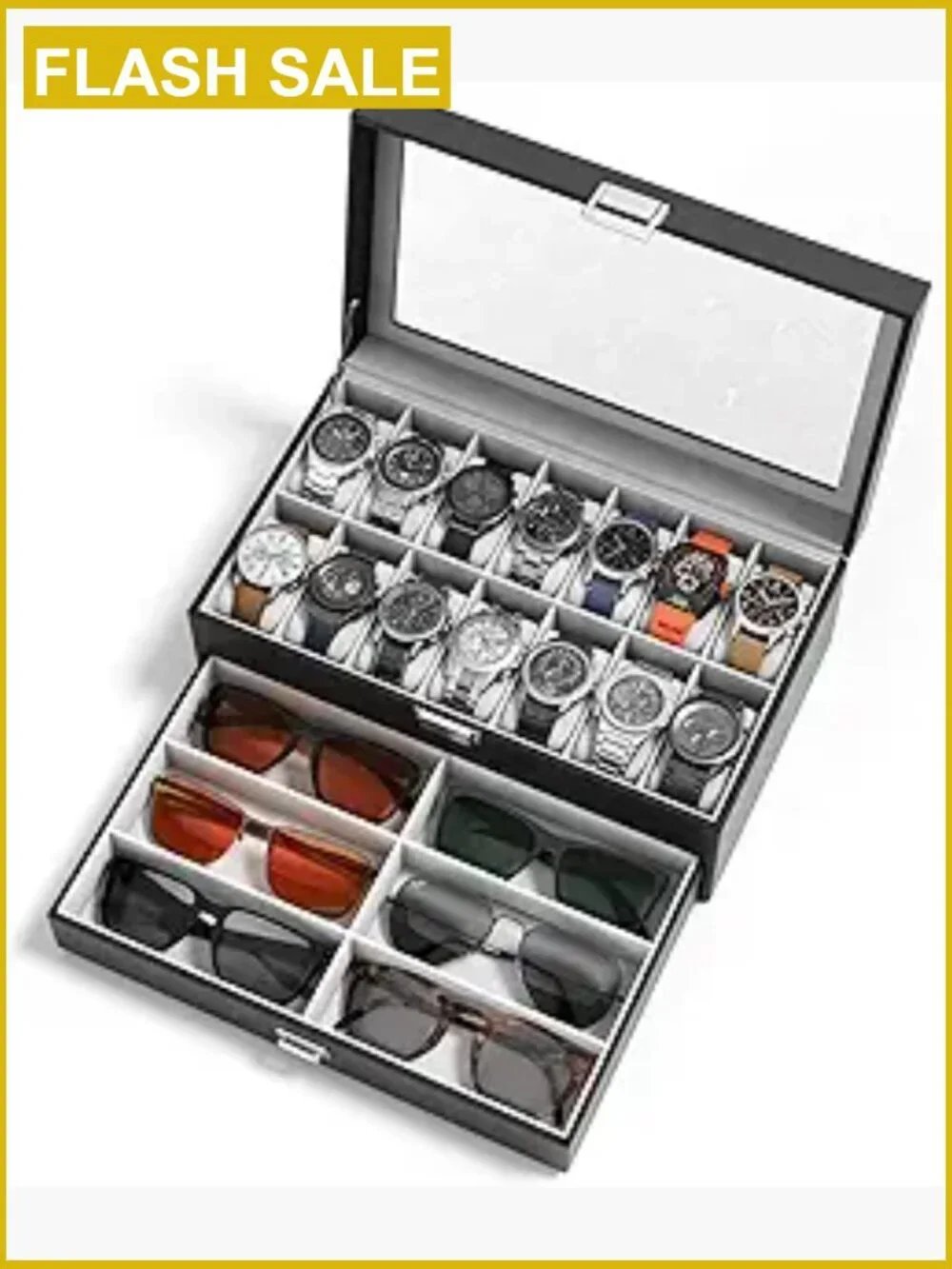 14-Slot Watch Display Case with Glass Lid, Double Layer PU Leather Storage,